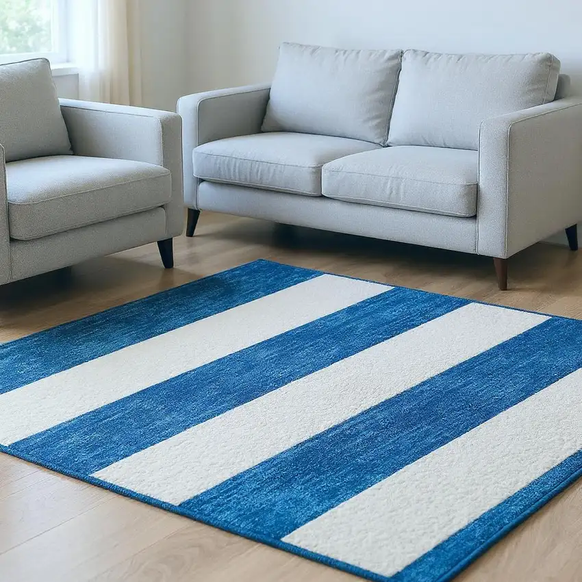 Navy Blue And Ivory Striped Washable Area Rug With UV Protection Photo 2