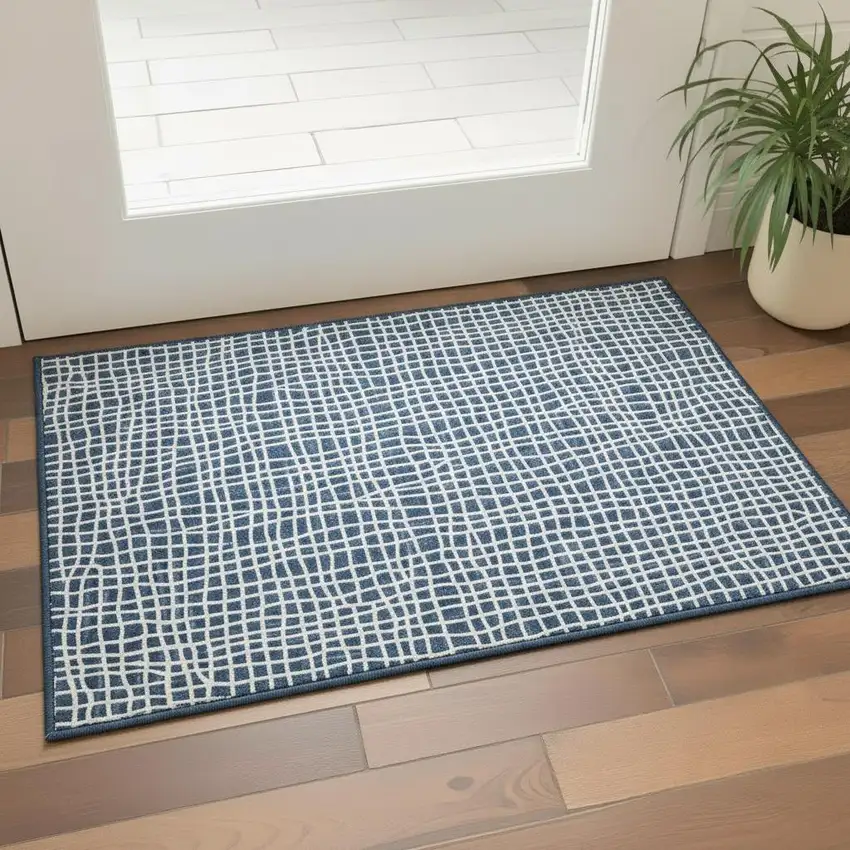 Navy Blue And Ivory Striped Washable Area Rug With UV Protection Photo 2