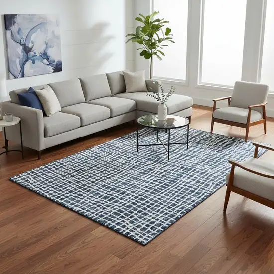 Navy Blue And Ivory Striped Washable Area Rug With UV Protection Photo 2