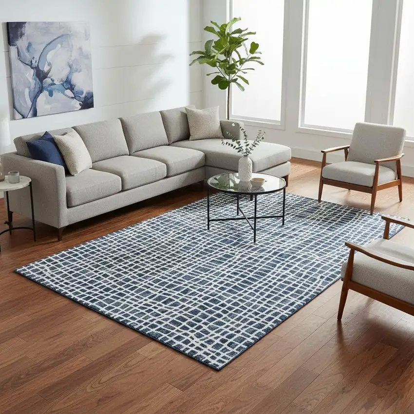 Navy Blue And Ivory Striped Washable Area Rug With UV Protection Photo 2