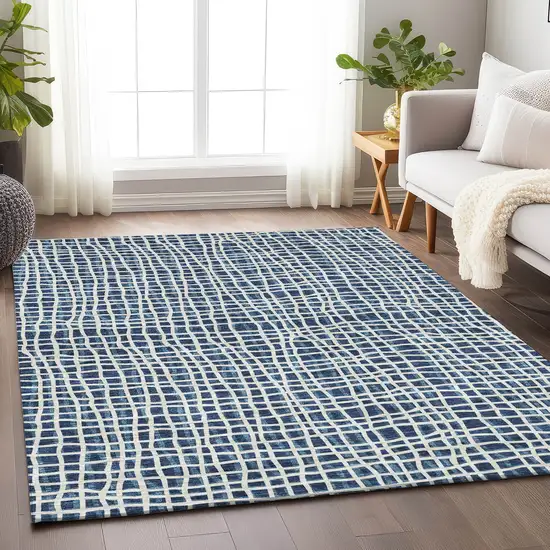 Navy Blue And Ivory Striped Washable Area Rug With UV Protection Photo 5