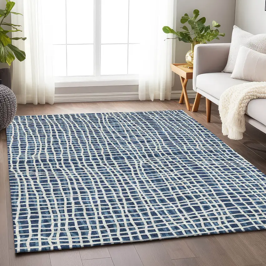 Navy Blue And Ivory Striped Washable Area Rug With UV Protection Photo 5