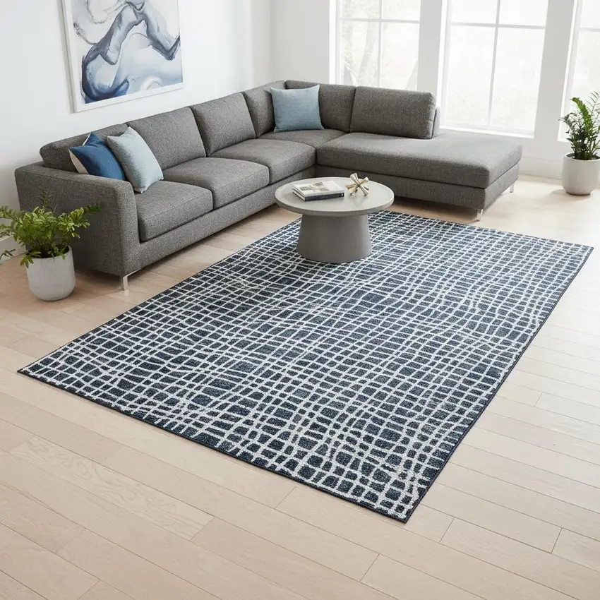 Navy Blue And Ivory Striped Washable Area Rug With UV Protection Photo 2