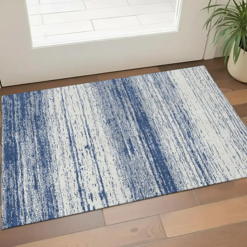 Navy Blue And Ivory Striped Washable Area Rug With UV Protection Photo 1