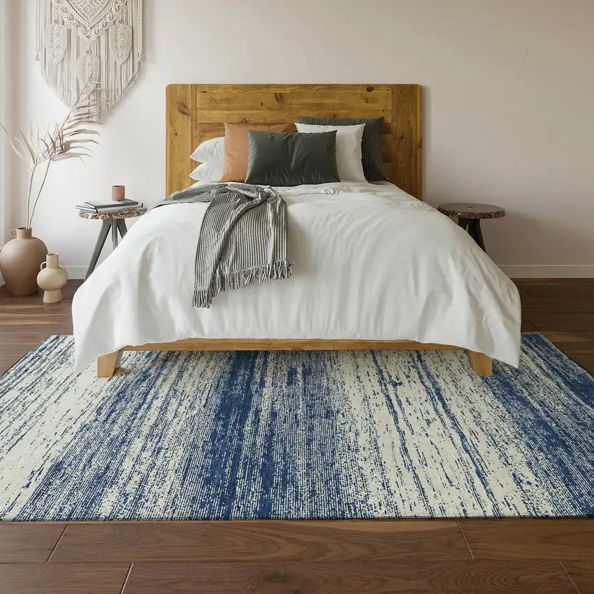 Navy Blue And Ivory Striped Washable Area Rug With UV Protection Photo 6