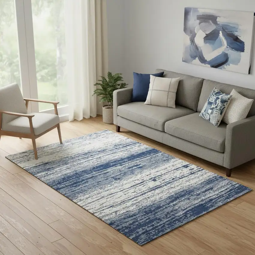 Navy Blue And Ivory Striped Washable Area Rug With UV Protection Photo 1