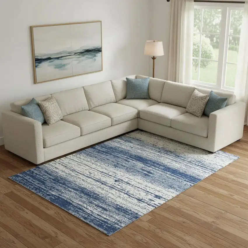 Navy Blue And Ivory Striped Washable Area Rug With UV Protection Photo 1