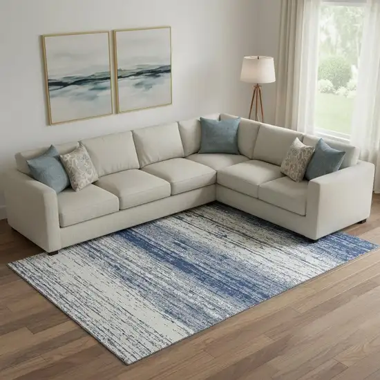 Navy Blue And Ivory Striped Washable Area Rug With UV Protection Photo 1