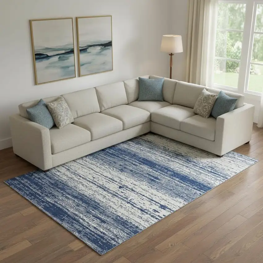 Navy Blue And Ivory Striped Washable Area Rug With UV Protection Photo 1