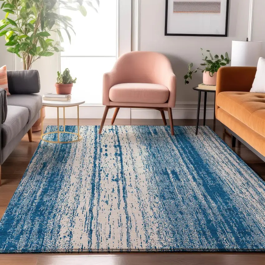 Navy Blue And Ivory Striped Washable Area Rug With UV Protection Photo 5