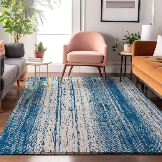 Navy Blue And Ivory Striped Washable Area Rug With UV Protection Photo 5