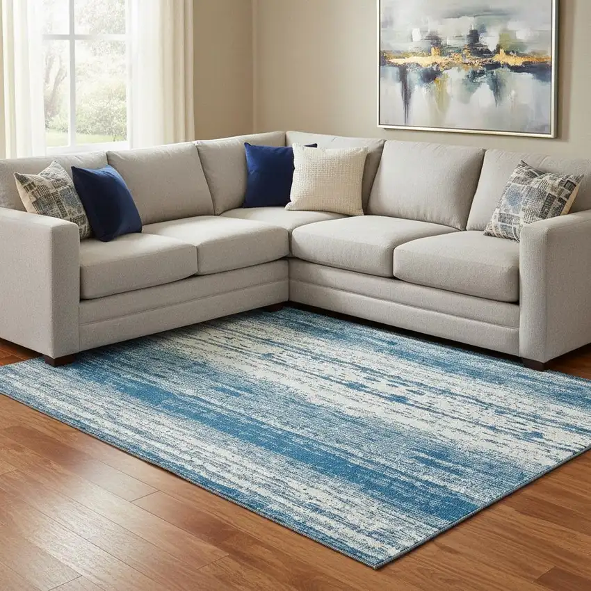 Navy Blue And Ivory Striped Washable Area Rug With UV Protection Photo 1