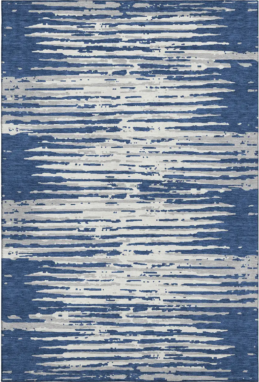 Navy Blue And Ivory Striped Washable Area Rug With UV Protection Photo 1