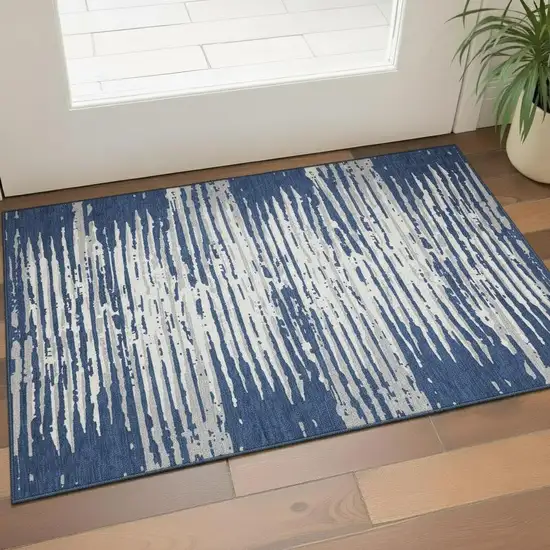 Navy Blue And Ivory Striped Washable Area Rug With UV Protection Photo 1