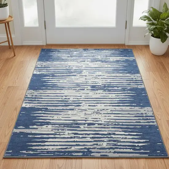 Navy Blue And Ivory Striped Washable Area Rug With UV Protection Photo 2