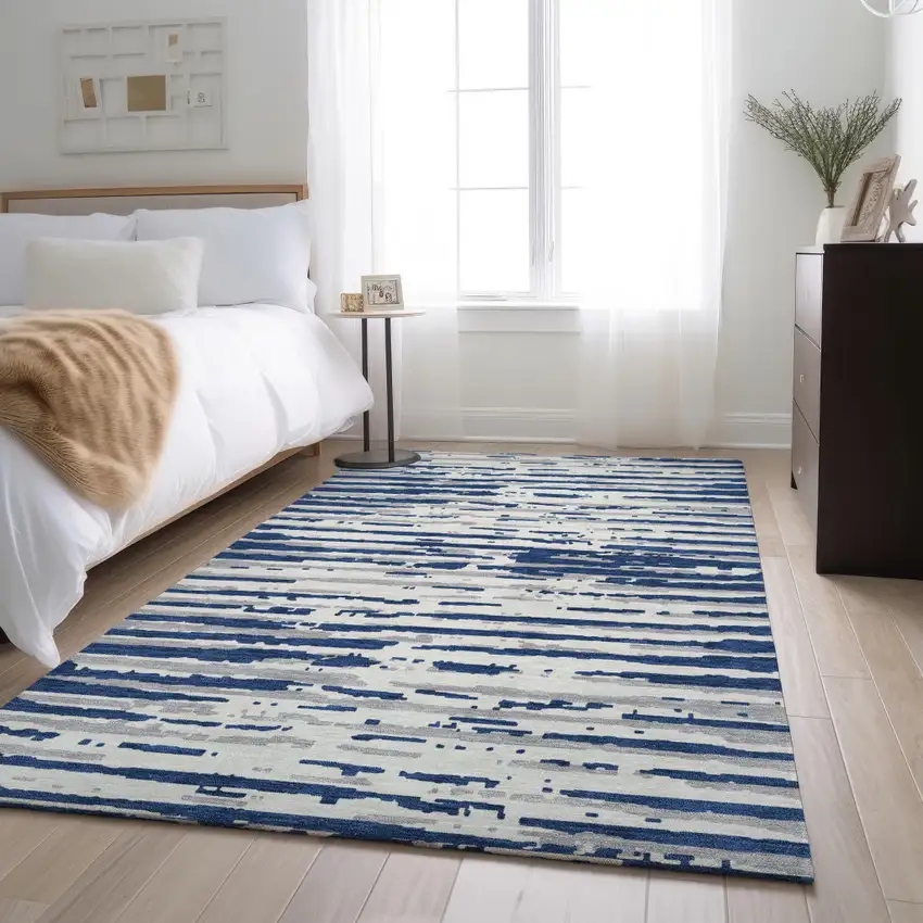 Navy Blue And Ivory Striped Washable Area Rug With UV Protection Photo 5