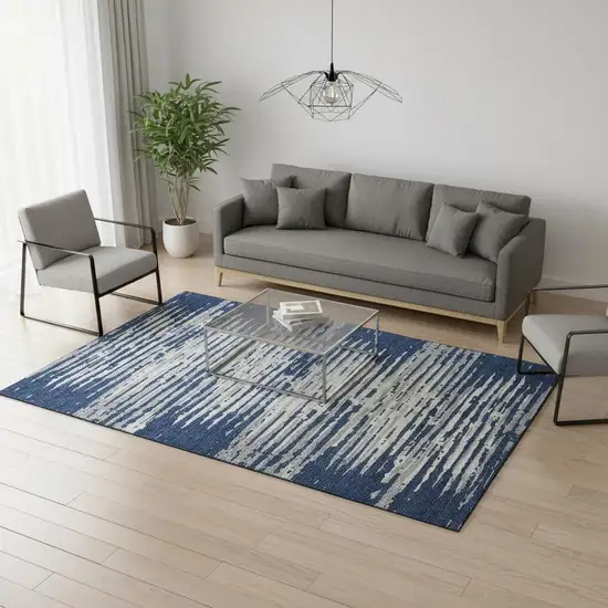 Navy Blue And Ivory Striped Washable Area Rug With UV Protection Photo 2