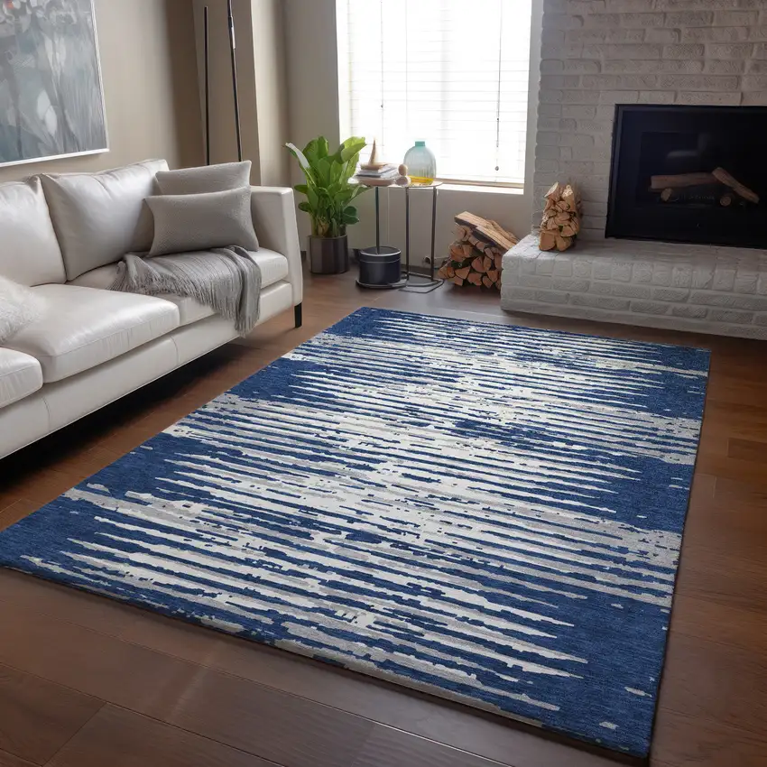 Navy Blue And Ivory Striped Washable Area Rug With UV Protection Photo 6