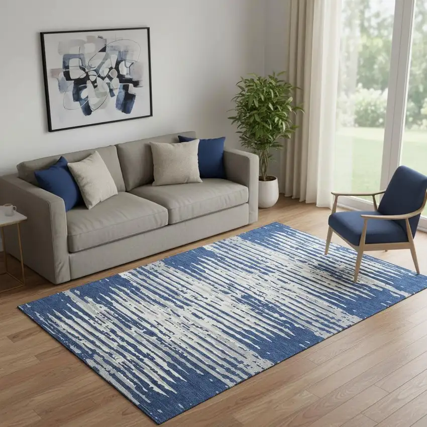 Navy Blue And Ivory Striped Washable Area Rug With UV Protection Photo 1