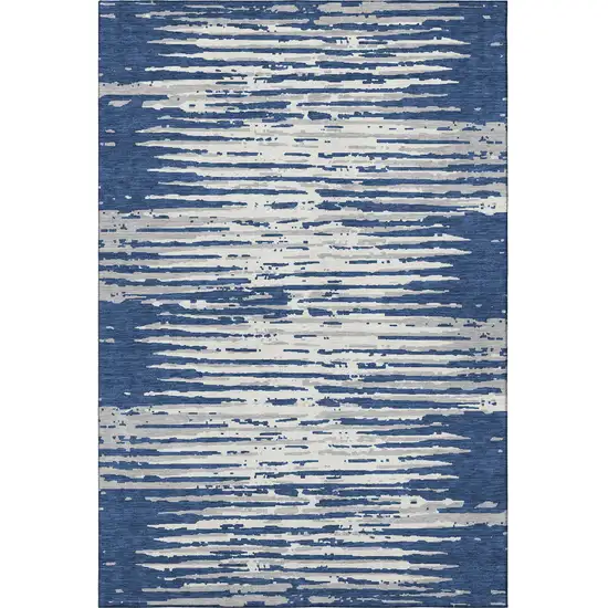 Navy Blue And Ivory Striped Washable Area Rug With UV Protection Photo 4