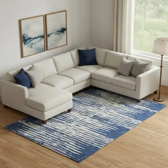 Navy Blue And Ivory Striped Washable Area Rug With UV Protection Photo 1