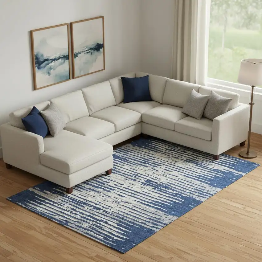 Navy Blue And Ivory Striped Washable Area Rug With UV Protection Photo 1