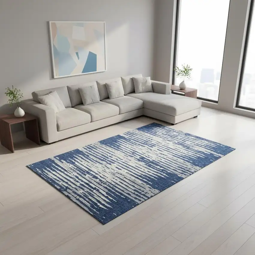 Navy Blue And Ivory Striped Washable Area Rug With UV Protection Photo 2