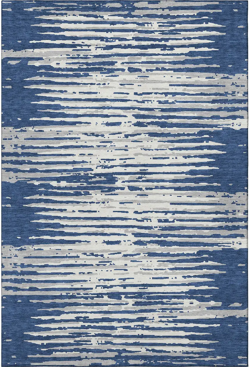 Navy Blue And Ivory Striped Washable Area Rug With UV Protection Photo 4