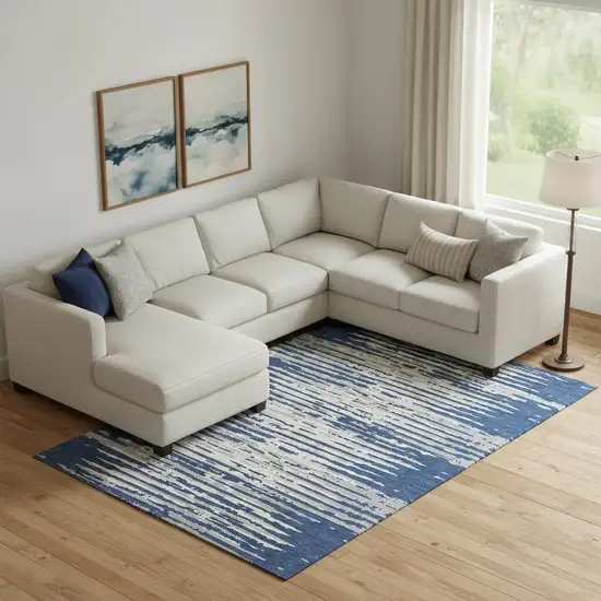 Navy Blue And Ivory Striped Washable Area Rug With UV Protection Photo 1