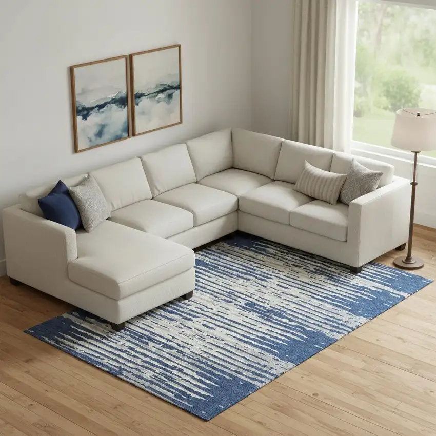 Navy Blue And Ivory Striped Washable Area Rug With UV Protection Photo 1