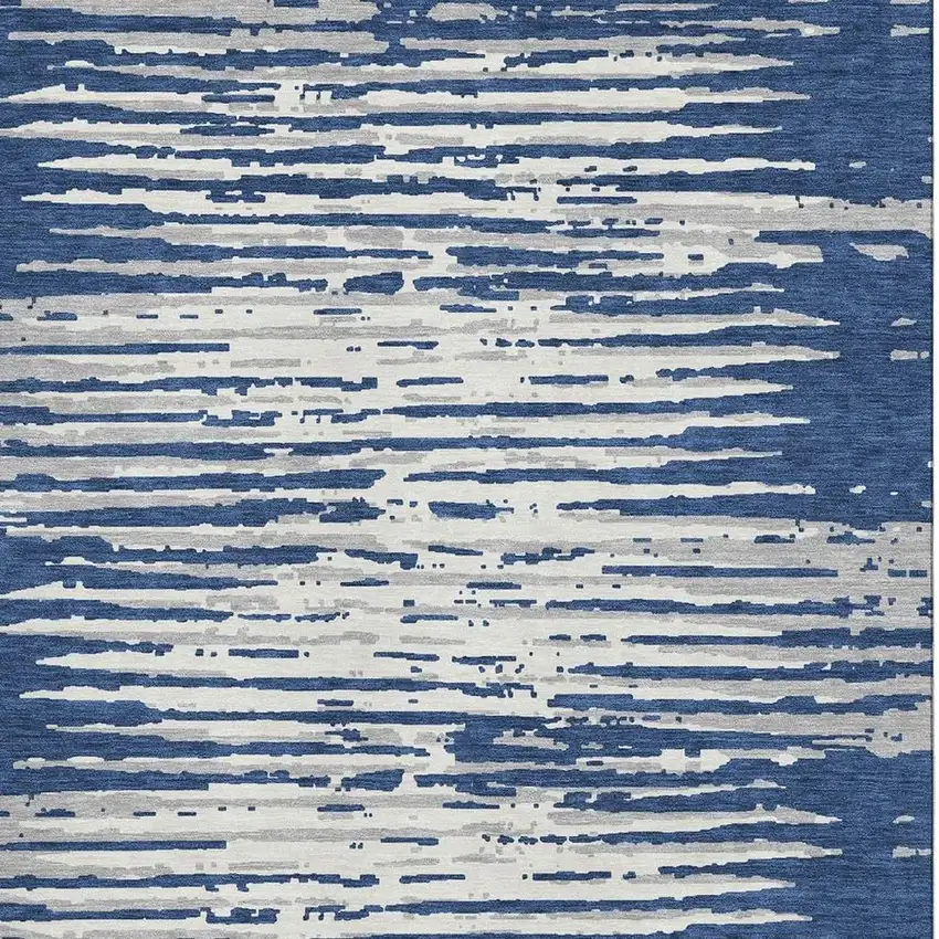 Navy Blue And Ivory Striped Washable Area Rug With UV Protection Photo 3