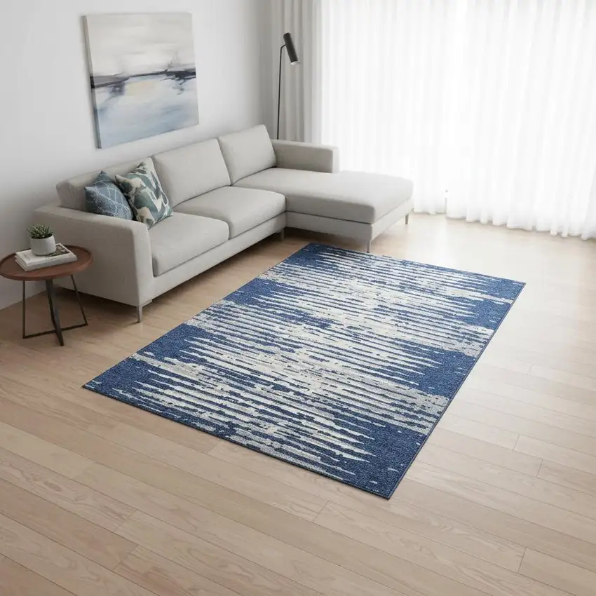 Navy Blue And Ivory Striped Washable Area Rug With UV Protection Photo 2