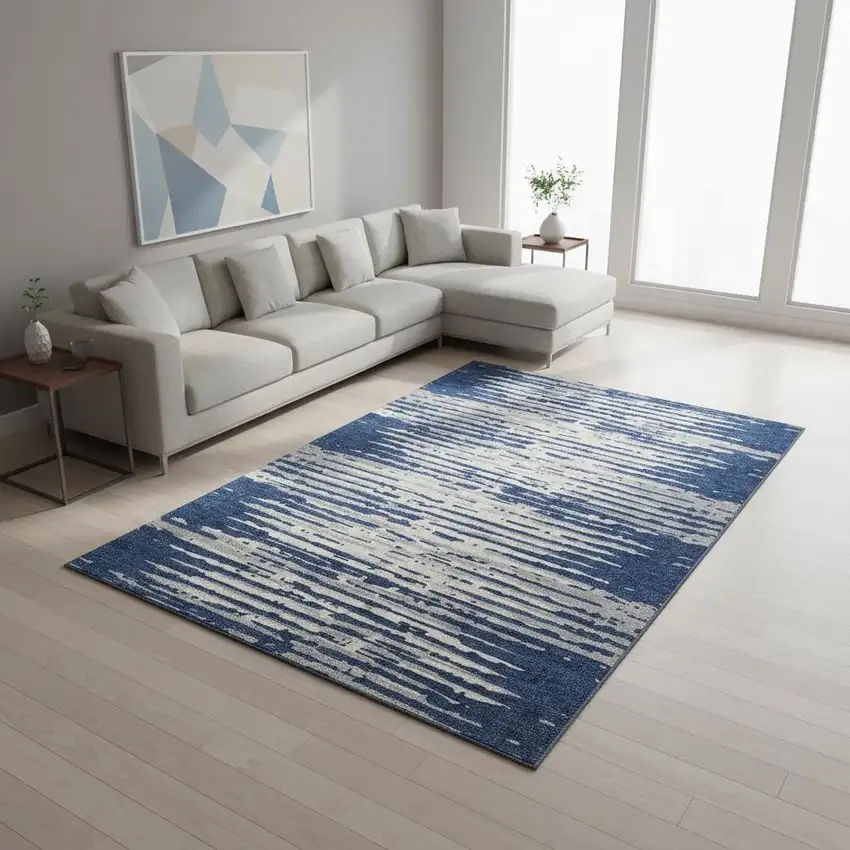 Navy Blue And Ivory Striped Washable Area Rug With UV Protection Photo 2