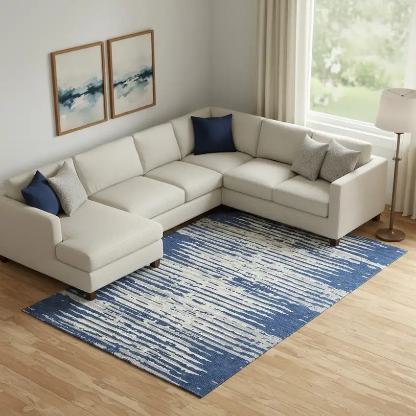 Navy Blue And Ivory Striped Washable Area Rug With UV Protection Photo 1