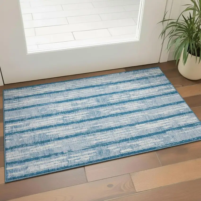 Navy Blue And Ivory Striped Washable Area Rug With UV Protection Photo 1