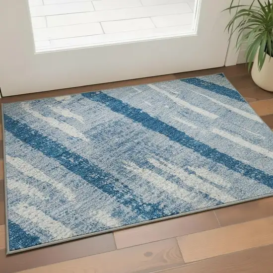 Navy Blue And Ivory Striped Washable Area Rug With UV Protection Photo 2