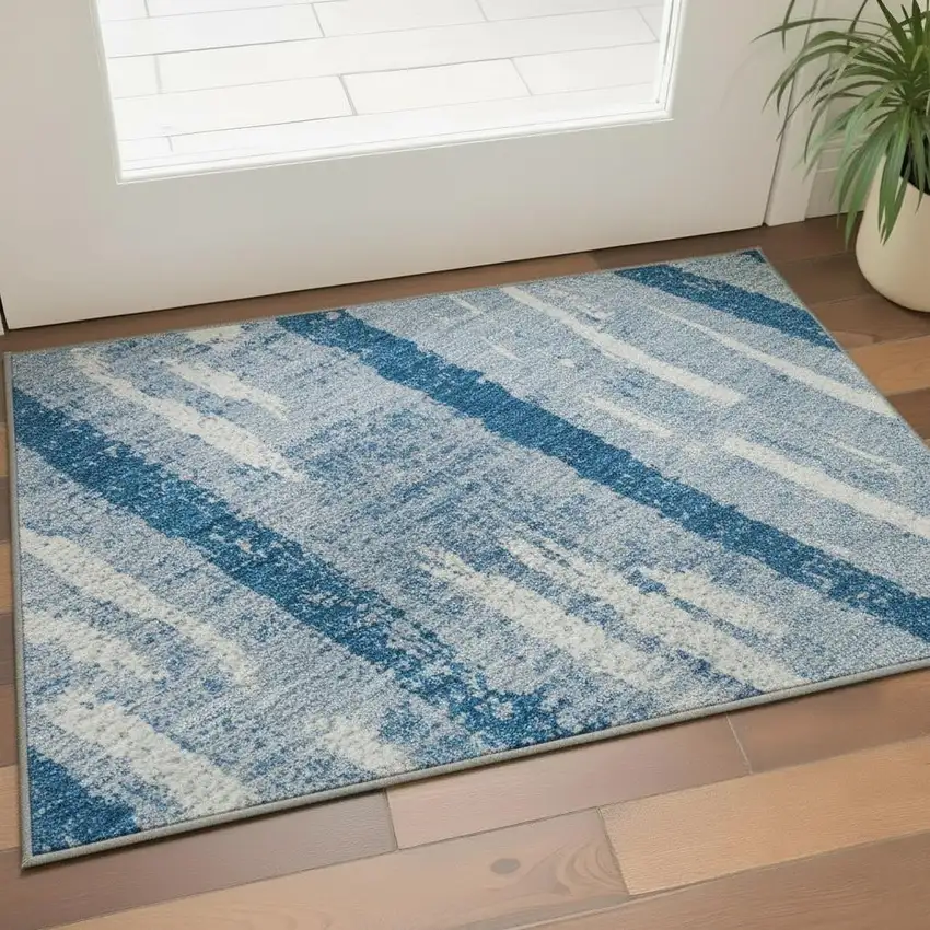 Navy Blue And Ivory Striped Washable Area Rug With UV Protection Photo 2