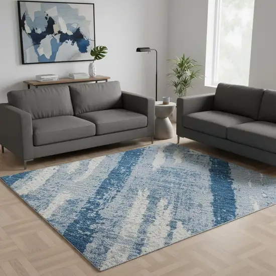 Navy Blue And Ivory Striped Washable Area Rug With UV Protection Photo 2