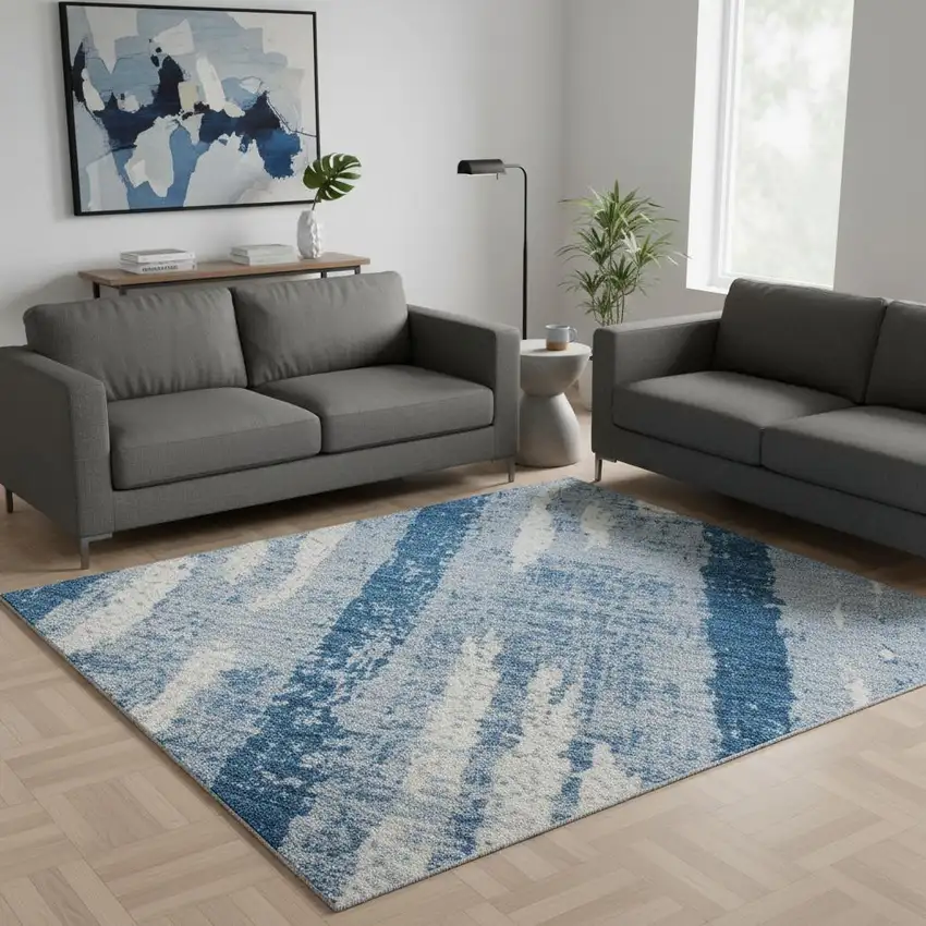 Navy Blue And Ivory Striped Washable Area Rug With UV Protection Photo 2