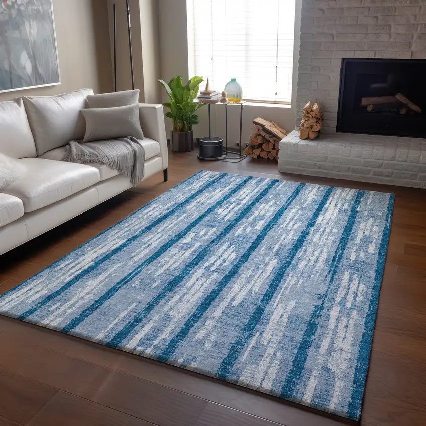 Navy Blue And Ivory Striped Washable Area Rug With UV Protection Photo 5