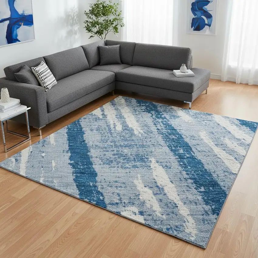 Navy Blue And Ivory Striped Washable Area Rug With UV Protection Photo 2