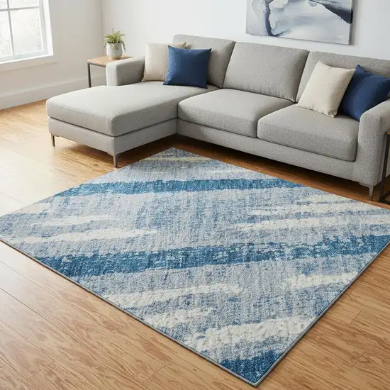 Navy Blue And Ivory Striped Washable Area Rug With UV Protection Photo 2