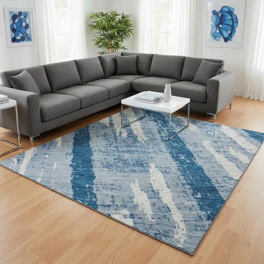 Navy Blue And Ivory Striped Washable Area Rug With UV Protection Photo 2