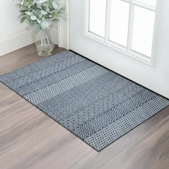 Navy Blue And Ivory Striped Washable Area Rug With UV Protection Photo 1