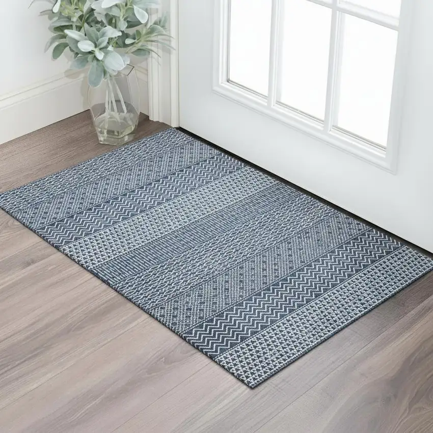 Navy Blue And Ivory Striped Washable Area Rug With UV Protection Photo 1