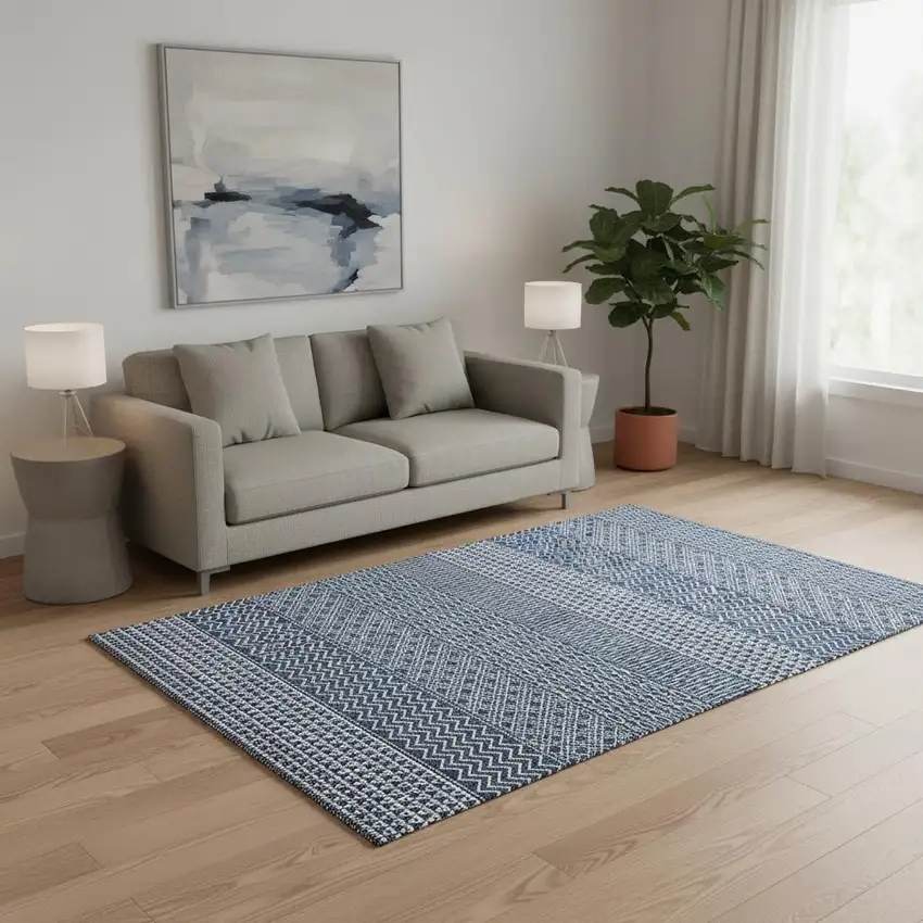 Navy Blue And Ivory Striped Washable Area Rug With UV Protection Photo 2