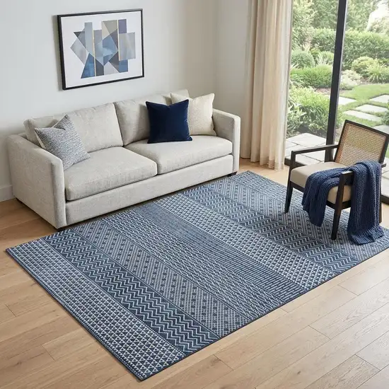 Navy Blue And Ivory Striped Washable Area Rug With UV Protection Photo 1