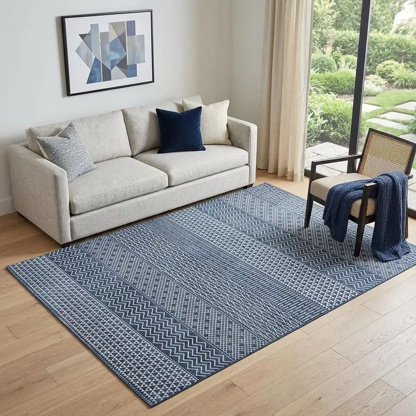 Navy Blue And Ivory Striped Washable Area Rug With UV Protection Photo 1