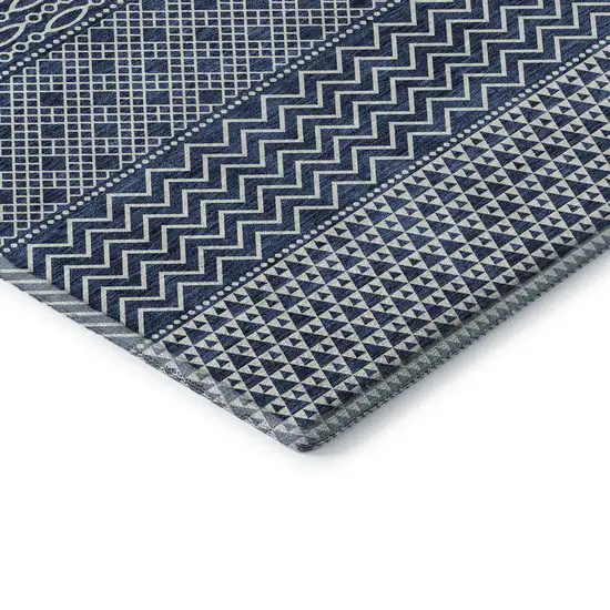 Navy Blue And Ivory Striped Washable Area Rug With UV Protection Photo 7