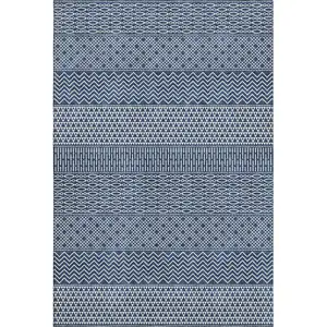 Photo of Navy Blue And Ivory Striped Washable Area Rug With UV Protection